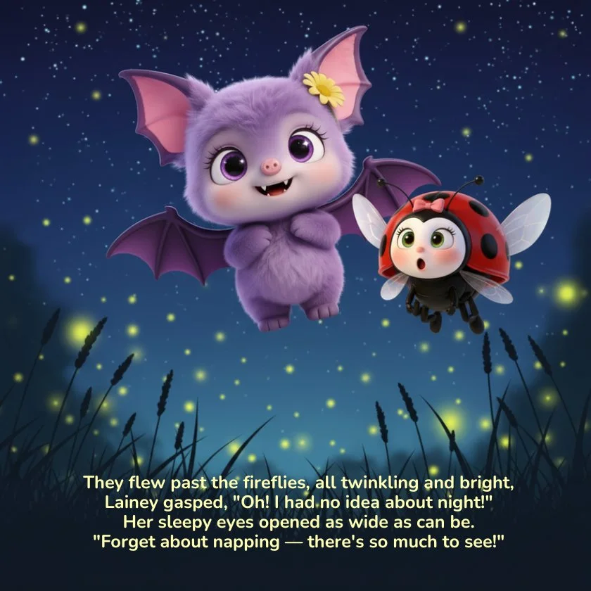 They flew past the fireflies, all twinkling and bright